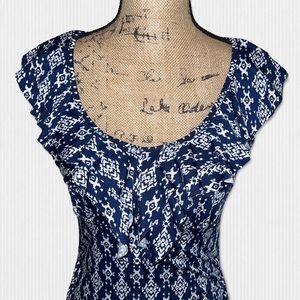 Navy Blue Pattern Scoop Ruffle Neck Blouse